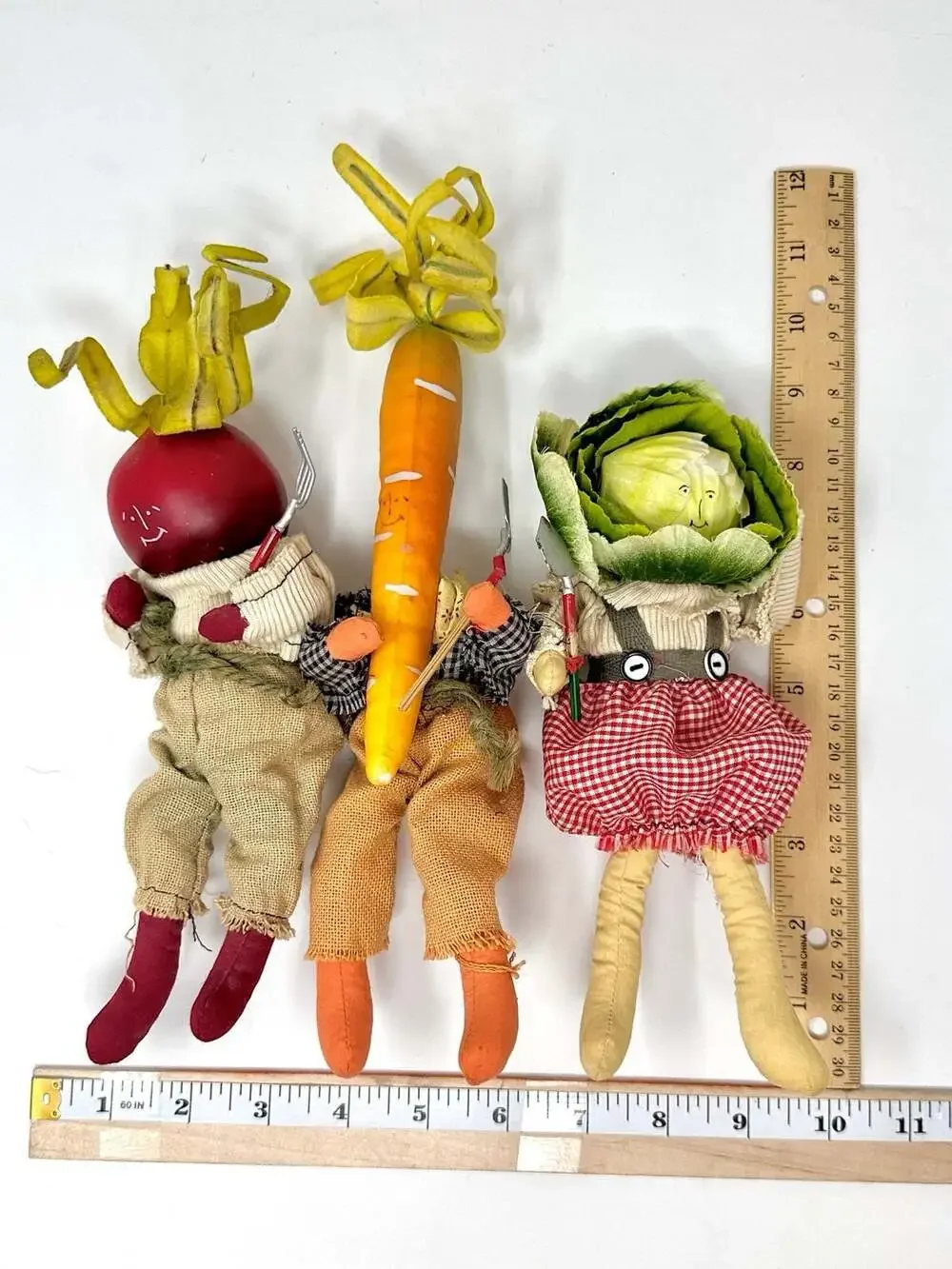 Vegetable Folk Art Dolls Set Radish Carrot & Cabbage Vtg Anthropomorphic Veggies